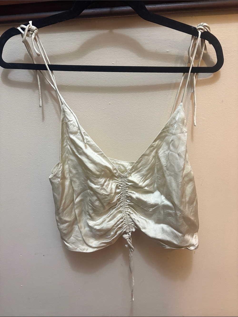 Wilfred Ivory Satin Crop Top with Ruched Front